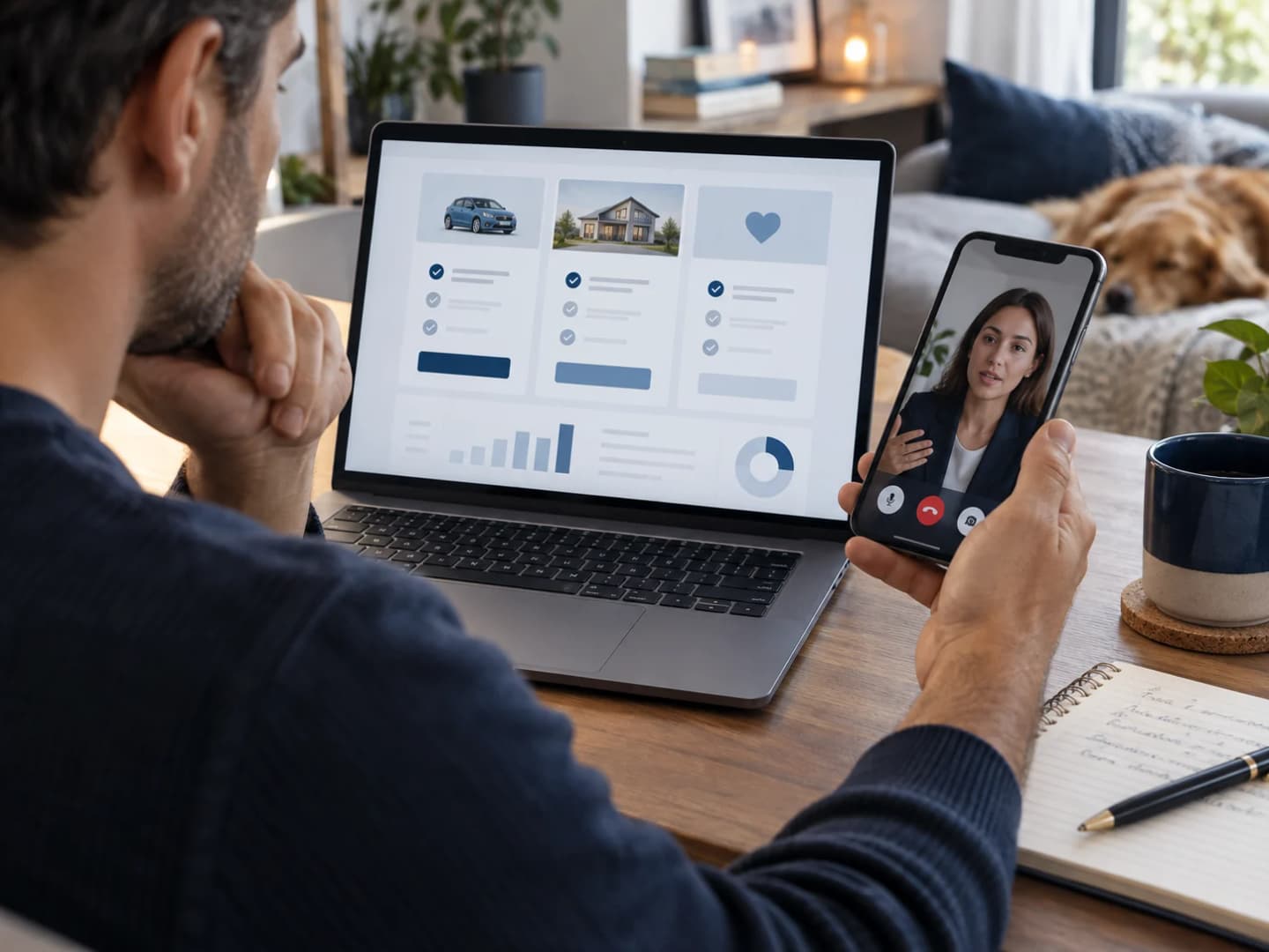 Atendimento digital com comparação de alternativas em notebook