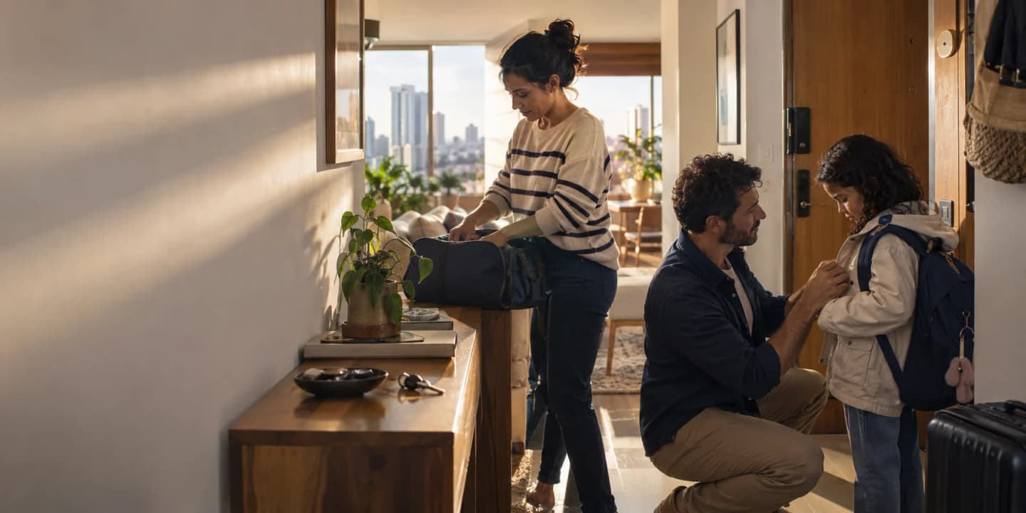 Família se preparando para uma viagem em uma manhã tranquila